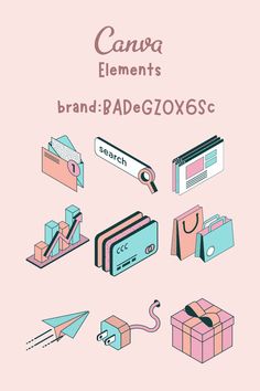 a pink background with different types of items and text that says canva elements brand - b