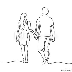 one line drawing of man and woman holding hands walking hand in hand on white background