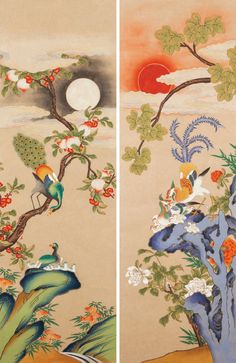 two paintings with birds and flowers on them