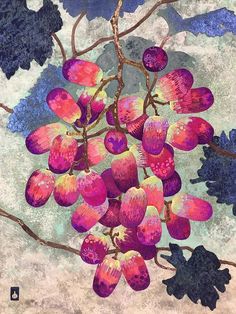 a painting of purple flowers on a tree branch