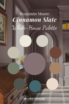 The Benjamin Moore Paint Color of the Year 2025 Cinnamon Slate has officially been announced, and its corresponding Color Trends 2025 palette is on track to start trending. Cinnamon Slate is the Benjamin Moore 2025 Color of the Year, and it’s a muted yet striking violet hue perfect for anyone looking to add moody color to their home this year #benjaminmoore #moody #moodyinteriors #interiordesign Benjamin Moore Cinnamon Paint Colors, Benjamin Moore Sequoia, Timeless Home Color Palette, Modern Colonial Paint Colors, Adobe Sand Color Palette, London Clay Paint, Plum Color Interior Design, Modern Home Interior Paint Colors, Benjamin Moore Cinnamon Slate Bathroom