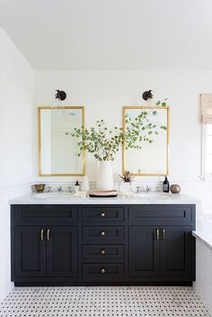 a bathroom with two sinks, mirrors and plants on the counter top in front of them