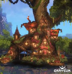 Big Fantasy House Minecraft, Cute Treehouse Minecraft, Mc Treehouse Ideas, Minecraft Trees Design Big, Minecraft Big Tree House, Minecraft Building Ideas Swamp, Minecraft Oasis Ideas, Big Tree Minecraft Build