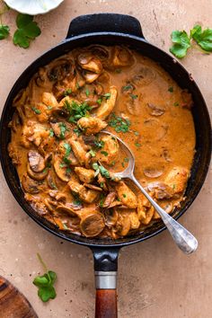 a skillet filled with chicken and mushrooms