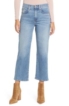 Free shipping and returns on Alexa High Waist Crop Wide Leg Jeans at Nordstrom.com. <p>Retro vibes and modern comfort combine on cropped, wide-leg jeans cut from premium stretch denim broken in with whiskering and hand sanding.</p> Shoes To Wear With Flare Jeans, Crop Wide Leg Jeans, Cropped Jeans Outfit, Winter Weekend, Dream Fashion, Apple Shape, Cropped Wide Leg Jeans, Fall Jeans, Jeans Outfits