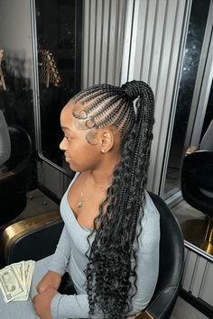 This attention-grabbing shuku hairstyle has many braided cornrows that come together at the top of the head into a tall, flowing ponytail. The braids on the scalp neatly curve and cross each other, forming a pretty pattern shape that shows how complex the style is. Flowing from the ponytail, the hair changes into loose, wavy extra - Click to see more of Shuku Hairstyles: 35 Gorgeous Ways to Embrace Your Beauty and follow us for more hairstyle ideas. // Photo Credit: Instagram @chinkyontheslay Cute Braids Ponytail, Braid To A Ponytail, Cornrow In One Hairstyles, Black Braided Hairstyles Natural Hair, Shuku Cornrow Hairstyles, Cute Braid Ponytails, Scalp Braids In A Ponytail, Cornrows Braided Into A Ponytail, Corn Roll Ponytail Hairstyles