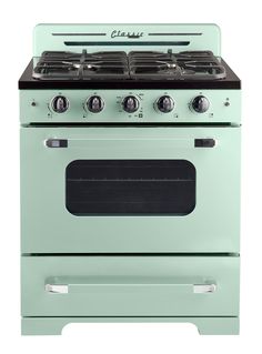 a green stove with two burners and one oven door is shown in front of a white background