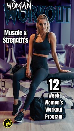 a woman is sitting on a bench in front of a gym machine and posing for the cover of women's workout program