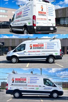 three different vans parked in a parking lot with the words monster electronics on them and an image