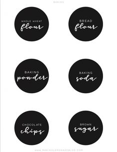 four black and white labels with the words flour, bread, flouring, baking, chocolate