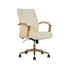 an office chair with wheels on the back and seat upholstered in white leather