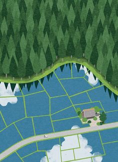 a drawing of a small house in the middle of a lake surrounded by green trees