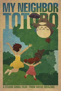 an old movie poster for my neighbor totoro, featuring two girls jumping in the air