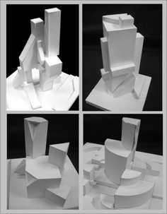 four different views of an architectural model made out of white construction materials, including the top part of a building and the bottom part of a tower