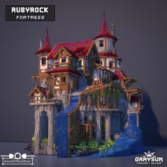 a model of a house made out of legos and plastic bricks with the words ruby rock for trees on it