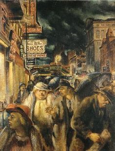 a painting of people walking down the street at night