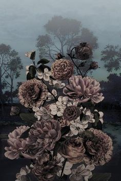 a painting of flowers on a table with trees in the background and foggy sky