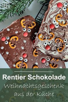 chocolate covered pretzels with christmas decorations on them and the words renter schokolade