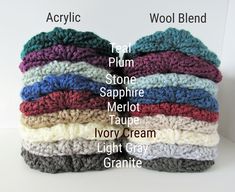 a stack of crochet washcloths with words describing the names and colors