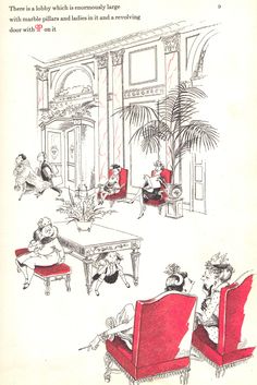 an old fashion magazine cover with people sitting in red chairs and talking to each other