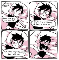 a comic strip with an image of a person laying in bed and talking to each other