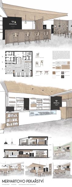 an architectural drawing shows the interior and exterior of a restaurant, with different seating areas