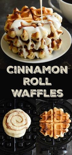 cinnamon roll waffles on a plate with the words cinnamon roll waffles