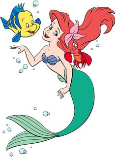 the little mermaid is holding a fish in her hand and looking at it's face