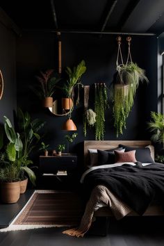 a bedroom with plants hanging from the ceiling