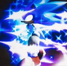 sonic the hedgehog is in front of blue and white flames with his head tilted to the side