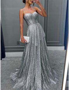 A-Line Evening Gown Elegant Dress Formal Sweep / Brush Train Sleeveless Spaghetti Strap Sequined with Glitter Pleats Prom Gowns Elegant, Silver Prom Dress, Celebrity Gowns, Strapless Evening Dress, Elegant Ball Gowns, A Line Evening Dress, Spaghetti Strap Prom Dress, Dresses Formal Elegant, Evening Gowns Elegant