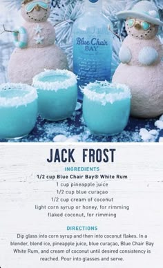 a menu for jack frost's blue - white rum cocktails with snowman figures