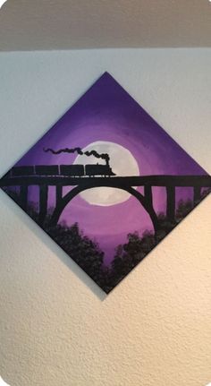 a painting of a train going over a bridge with the moon in the sky behind it