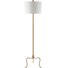 a gold floor lamp with a white shade on the top and an iron stand underneath it