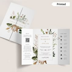 an elegant wedding program with greenery and gold foil on the front, inside and out