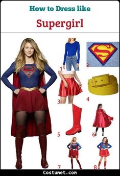 a woman in a superman costume is standing with her hands on her hips and the words how to dress like a supergirl