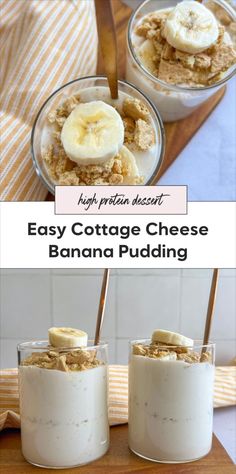 easy cottage cheese banana pudding recipe in two small glass bowls with wooden spoons on the side