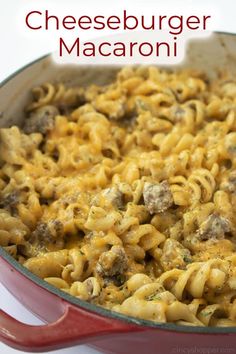 a red pot filled with cheeseburger macaroni