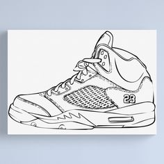 a black and white drawing of a sneaker shoe on a blue background canvas print