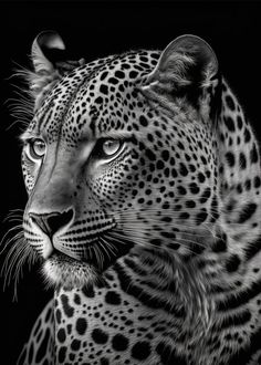 a black and white photo of a leopard