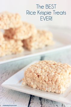 rice krispie treats on a plate with text overlay