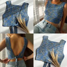 three pictures of the back of a woman's crop top with wheat stalks on it