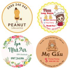 four round stickers with different types of food and drink labels on them, all in various designs