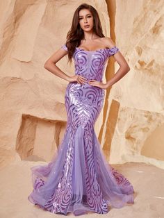 Product Code: FSWD1142 Embellishment: Sequin,Mesh Fabric: 100% Polyester Back Style: Zipper Up Fully Lined: Yes Built-in Bra: Yes Available Color: Violet Stretch: Moderate Fits true to size Imported Model Information: Height: 5' 2" Bust: 33.5'' Waist: 24“ Hips: 35.5” wearing US size Small Sequin Mermaid Dress, Dreamy Gowns, Gowns Dresses Elegant, Bond Girls, Color Violet, Pretty Prom Dresses, Fantasy Dress, Designer Dress, Mermaid Dress