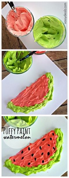 the process for making watermelon jello is shown in three different stages, including green and pink