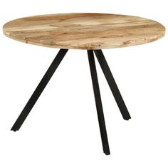 a wooden table with black metal legs and a round wood table top on an isolated white background