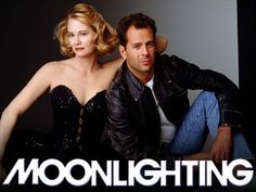 a man and woman sitting next to each other in front of a black background with the words moonlighting on it