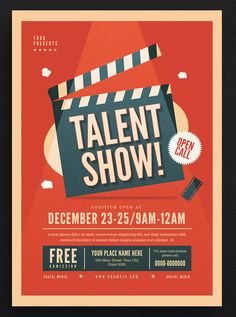 the talent show poster is shown with a movie clapper on it's side