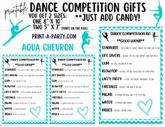 the dance competition gifts list is shown in blue and white, with an aqua - party theme