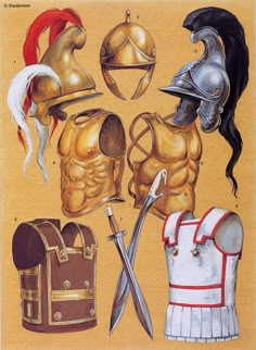 an image of different types of armor and helmets